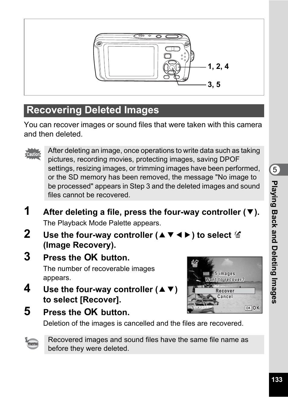 Recovering deleted images, In. (p.133), P.133 | P.133) | Pentax Optio W30 User Manual | Page 135 / 212