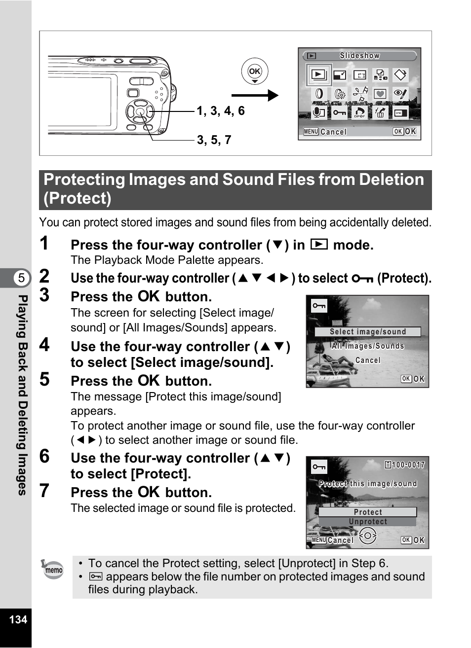 Protect icon (p.134, P.134, P.134) | Press the four-way controller ( 3 ) in q mode, Press the 4 button | Pentax Optio W30 User Manual | Page 136 / 212