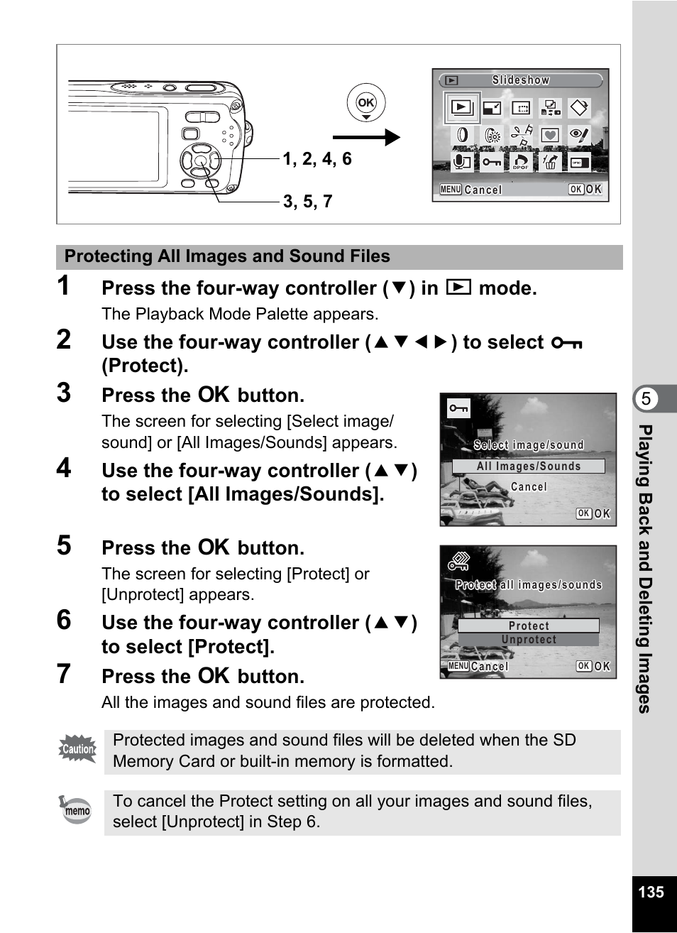 Press the four-way controller ( 3 ) in q mode, Press the 4 button | Pentax Optio W30 User Manual | Page 137 / 212