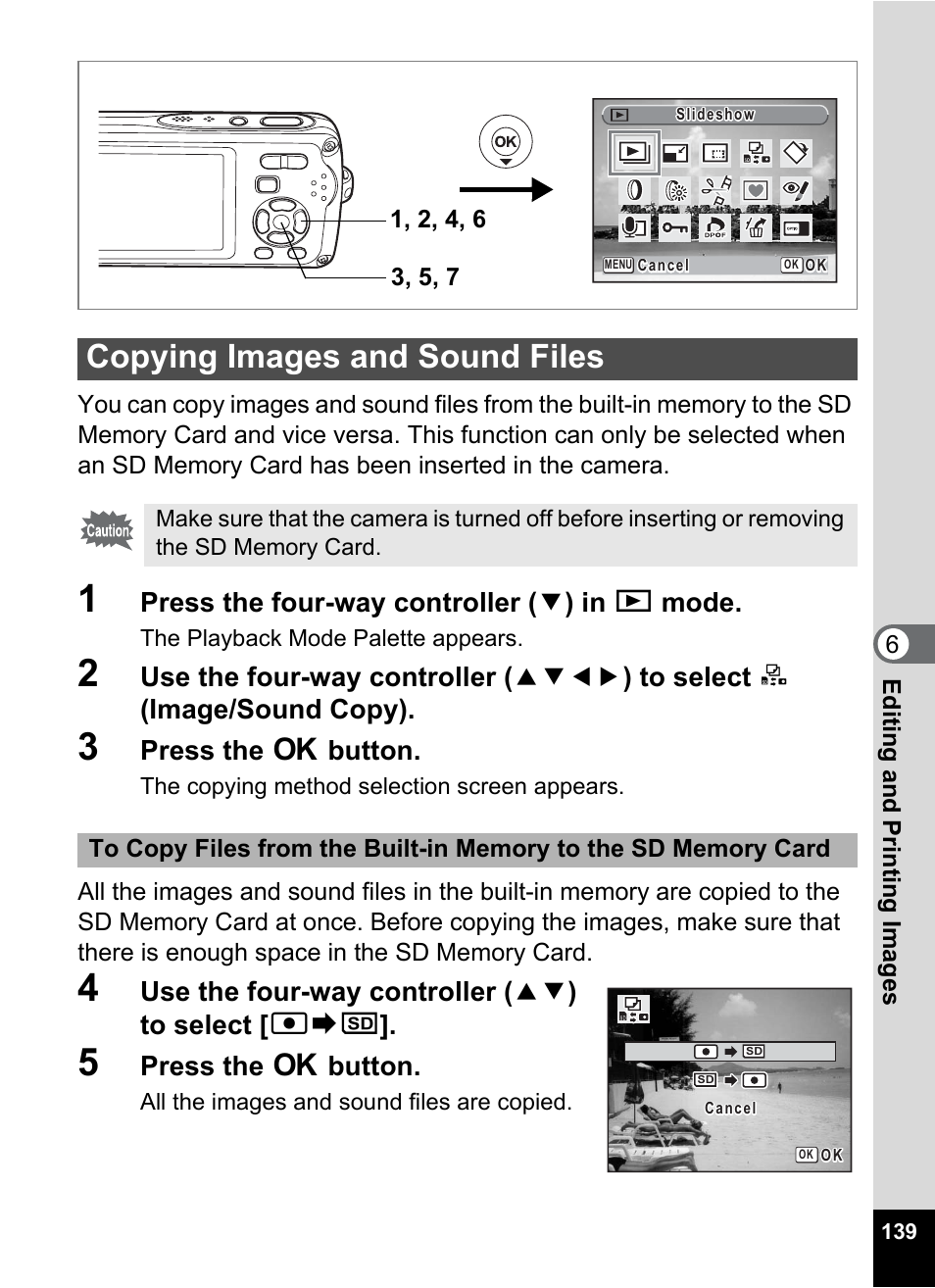 Copying images and sound files, P.139, Press the four-way controller ( 3 ) in q mode | Press the 4 button, Use the four-way controller ( 23 ) to select [ 2 | Pentax Optio W30 User Manual | Page 141 / 212