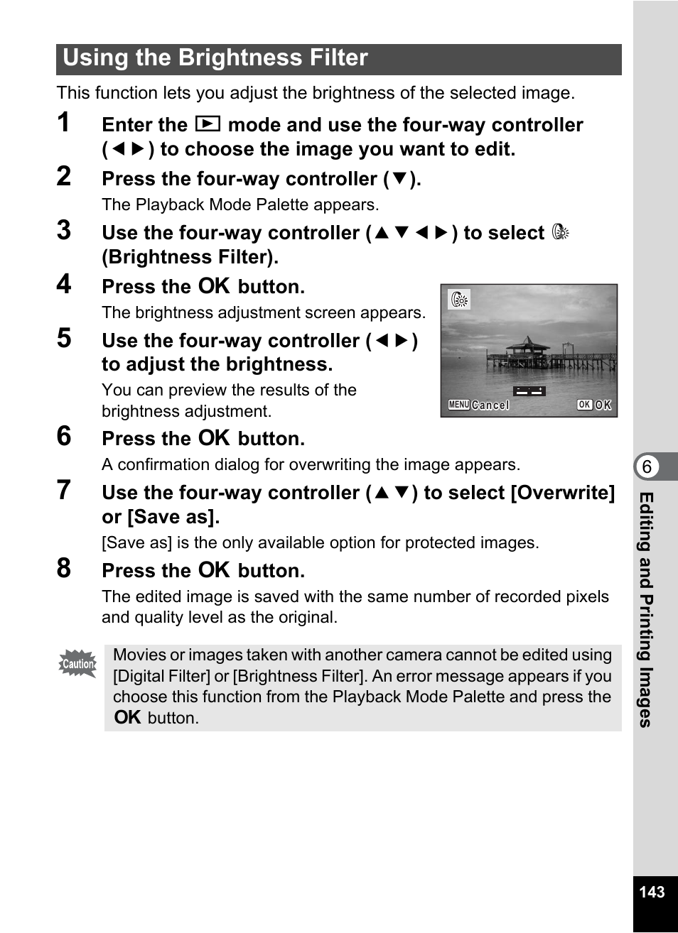 Using the brightness filter, P.143), P.143 | Pentax Optio W30 User Manual | Page 145 / 212