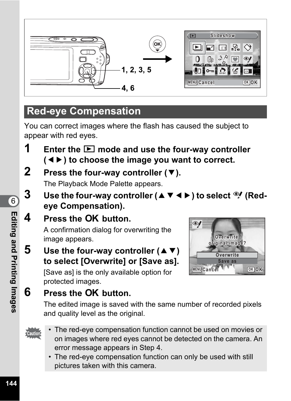 Red-eye compensation, Mode. (p.144), P.144 | Press the four-way controller ( 3 ), Press the 4 button | Pentax Optio W30 User Manual | Page 146 / 212