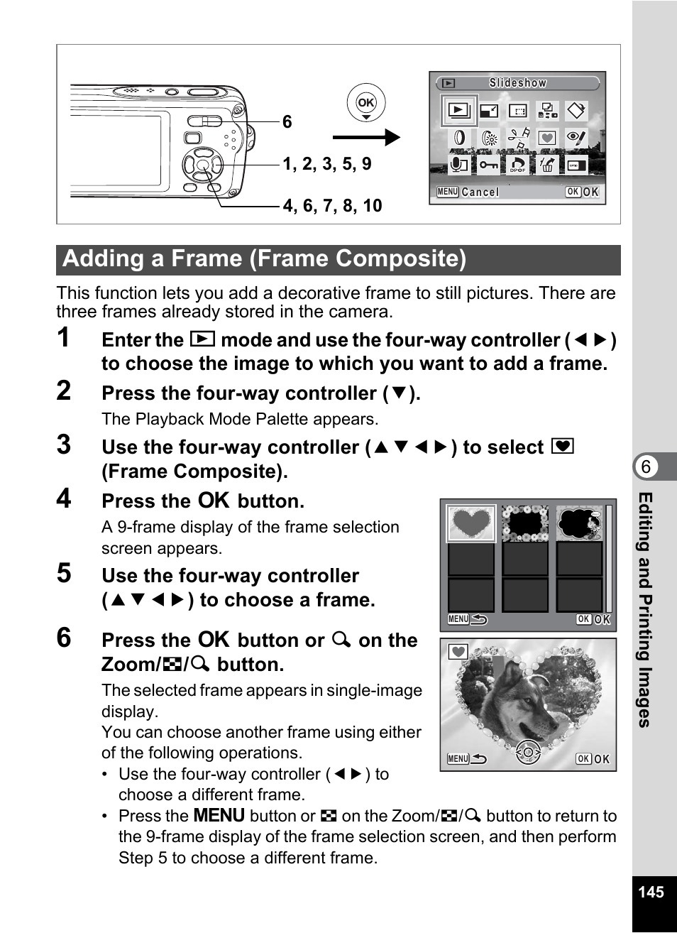 Adding a frame (frame composite), P.145), P.145 | Press the four-way controller ( 3 ), Press the 4 button, Press the 4 button or y on the zoom/ f / y button | Pentax Optio W30 User Manual | Page 147 / 212