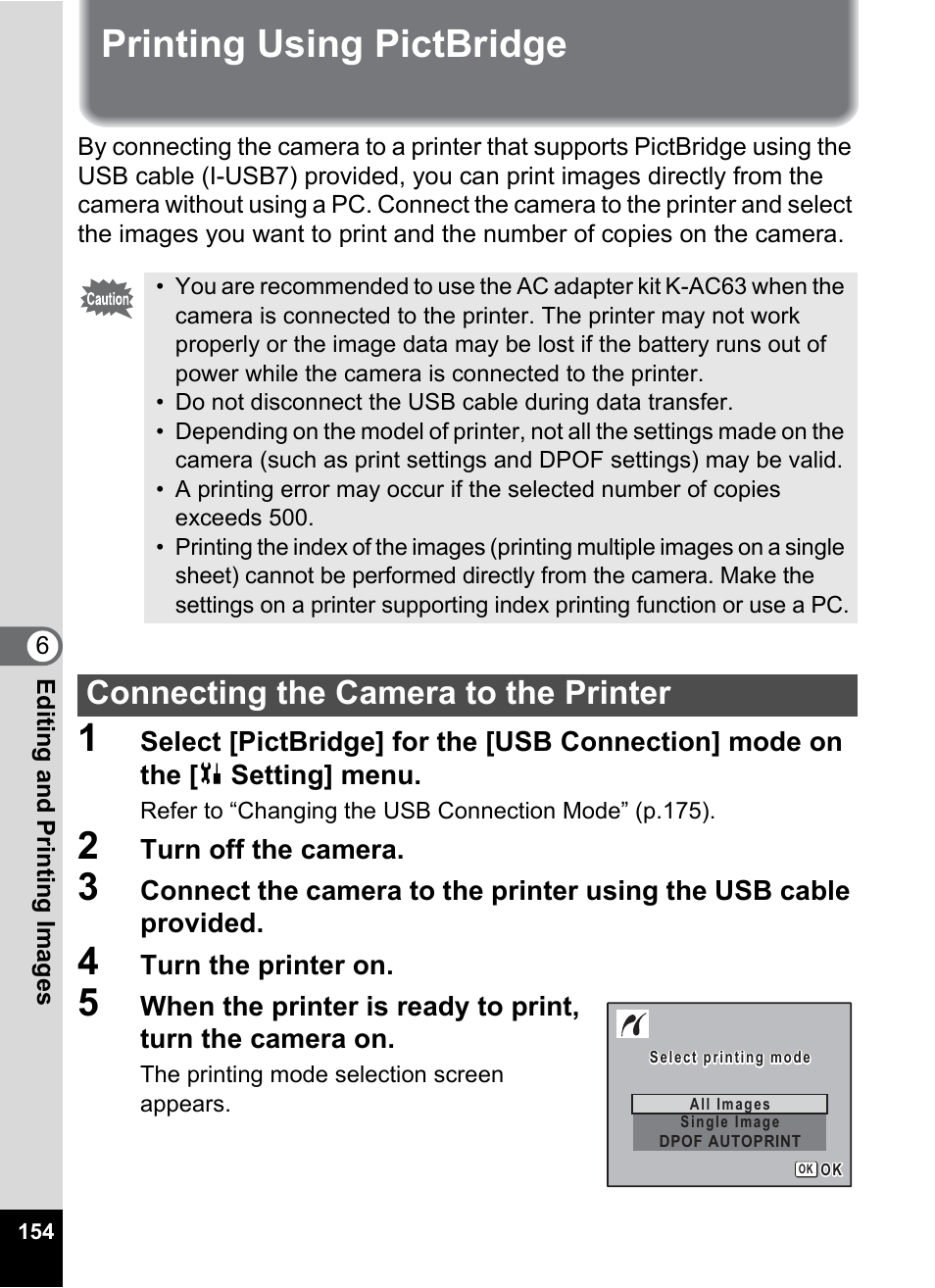 Printing using pictbridge, Connecting the camera to the printer | Pentax Optio W30 User Manual | Page 156 / 212