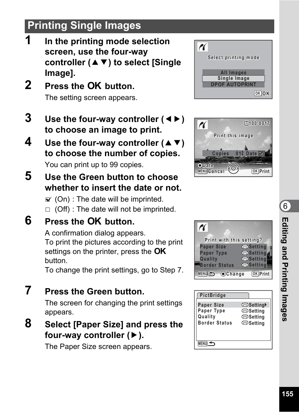 Printing single images, Press the 4 button, Press the green button | 6edi tin g an d pri n ti ng ima g es | Pentax Optio W30 User Manual | Page 157 / 212