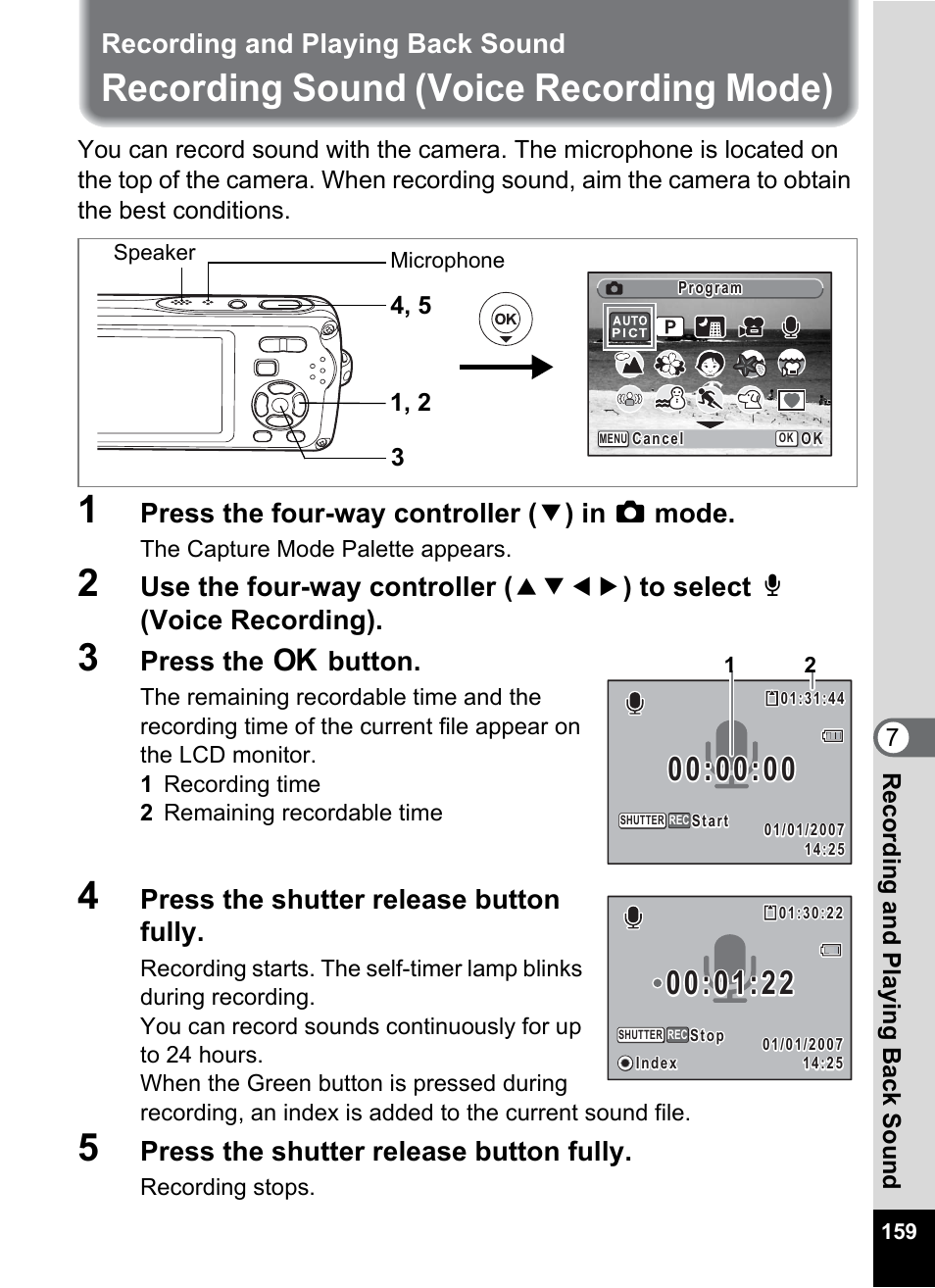 Recording and playing back sound, Recording sound (voice recording mode), P.159) | P.159, Press the four-way controller ( 3 ) in a mode, Press the 4 button, Press the shutter release button fully | Pentax Optio W30 User Manual | Page 161 / 212