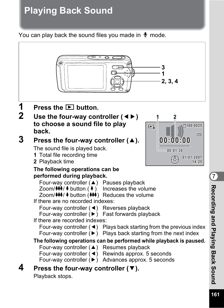 Playing back sound, P.161), And sounds (p.161), and switch | Pentax Optio W30 User Manual | Page 163 / 212