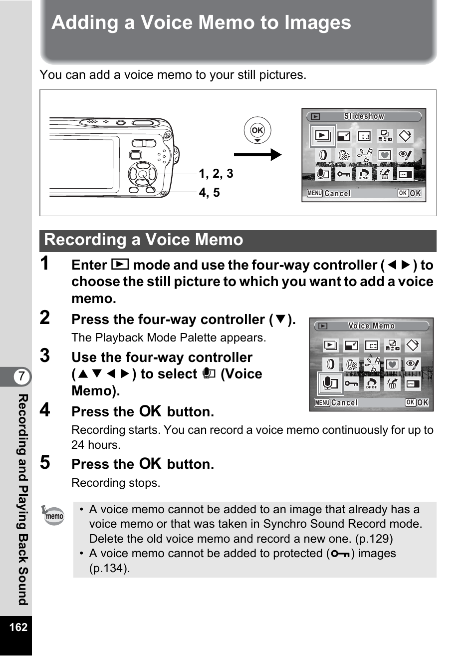 Adding a voice memo to images, Recording a voice memo, P.162 | Press the four-way controller ( 3 ), Press the 4 button | Pentax Optio W30 User Manual | Page 164 / 212