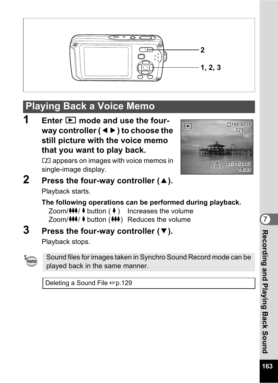 Playing back a voice memo, On (p.163), Lume icon (p.163 | Pentax Optio W30 User Manual | Page 165 / 212