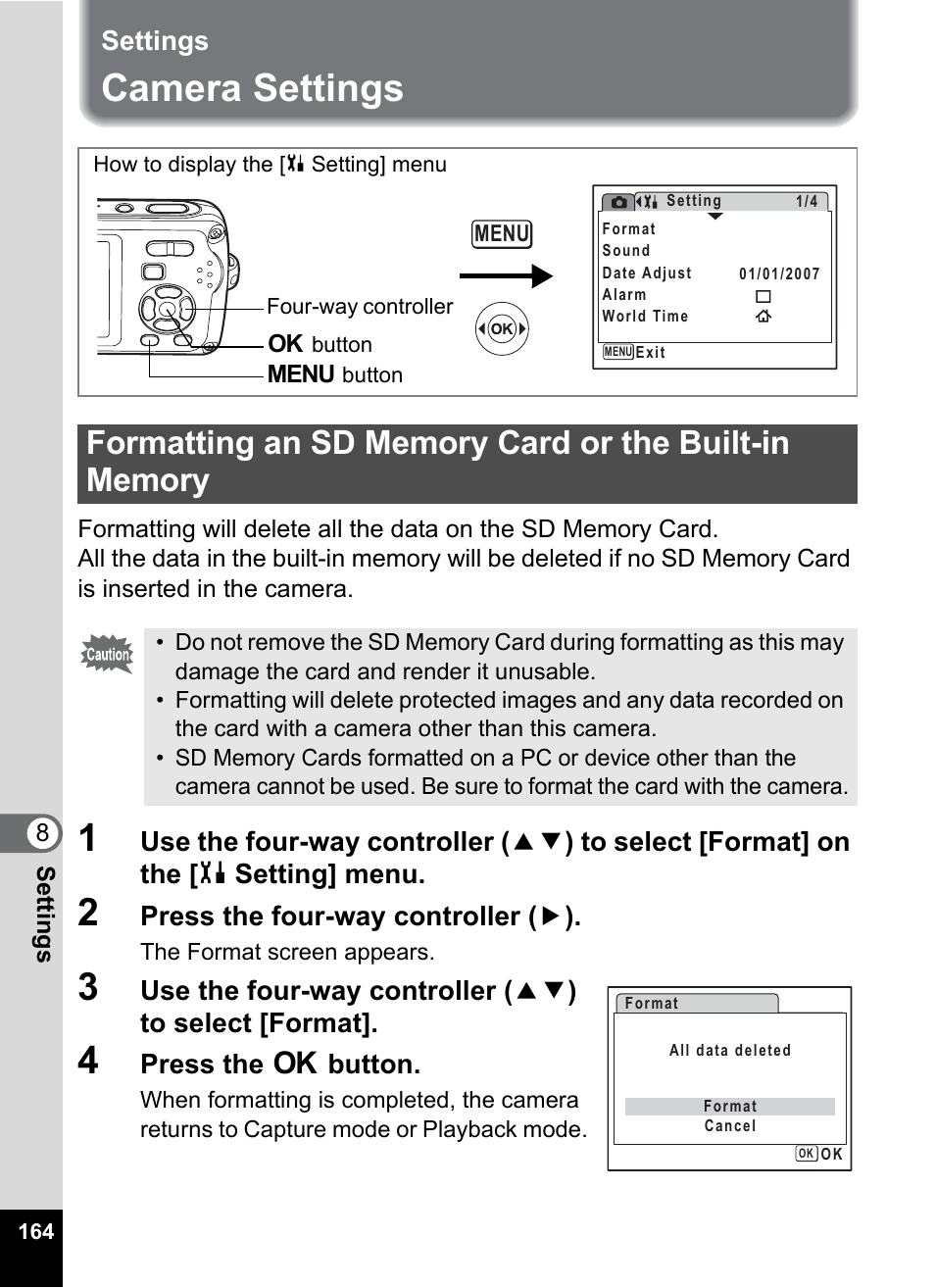 Settings, Camera settings, P.164 | Press the four-way controller ( 5 ), Press the 4 button | Pentax Optio W30 User Manual | Page 166 / 212