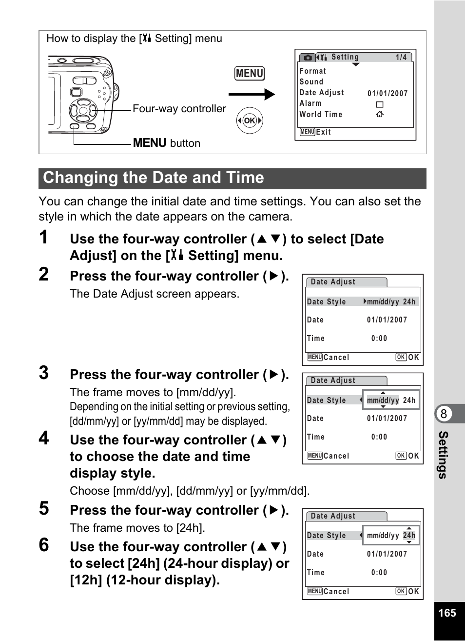 Changing the date and time, Llow the steps in “changing the date, And time” (1p.165) | Changing the date and, Time” (p.165), P.165, Press the four-way controller ( 5 ) | Pentax Optio W30 User Manual | Page 167 / 212