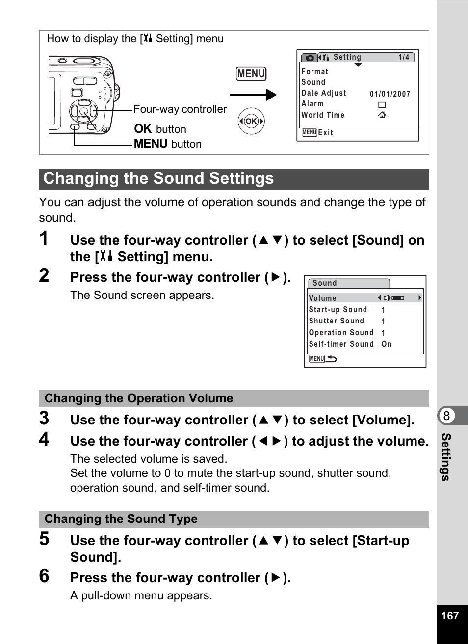 Changing the sound settings, P.167, Press the four-way controller ( 5 ) | Pentax Optio W30 User Manual | Page 169 / 212