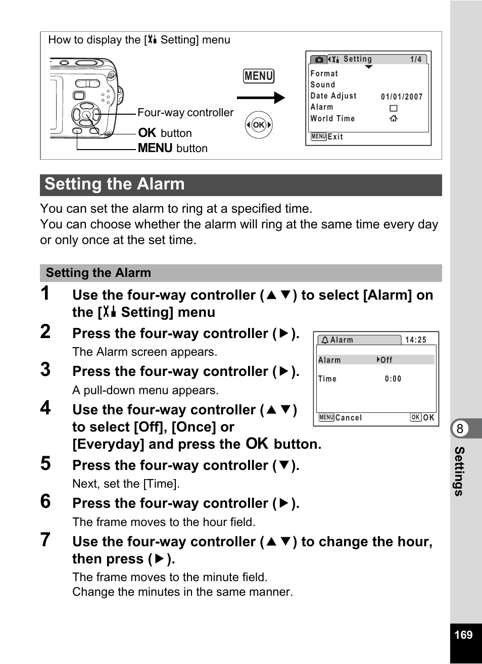 Setting the alarm, P.169, Press the four-way controller ( 5 ) | Press the four-way controller ( 3 ) | Pentax Optio W30 User Manual | Page 171 / 212