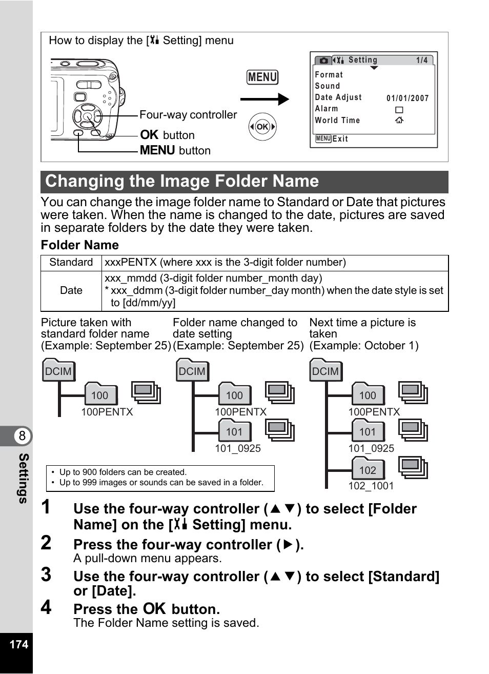 Changing the image folder name, P.174, Press the four-way controller ( 5 ) | Press the 4 button | Pentax Optio W30 User Manual | Page 176 / 212