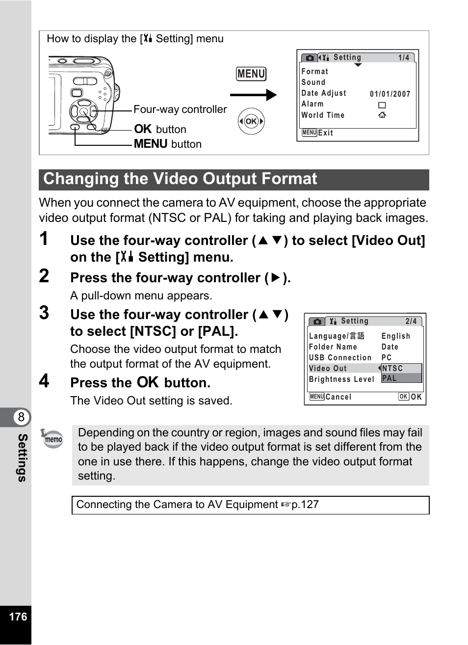 Changing the video output format, P.176, Press the four-way controller ( 5 ) | Press the 4 button | Pentax Optio W30 User Manual | Page 178 / 212