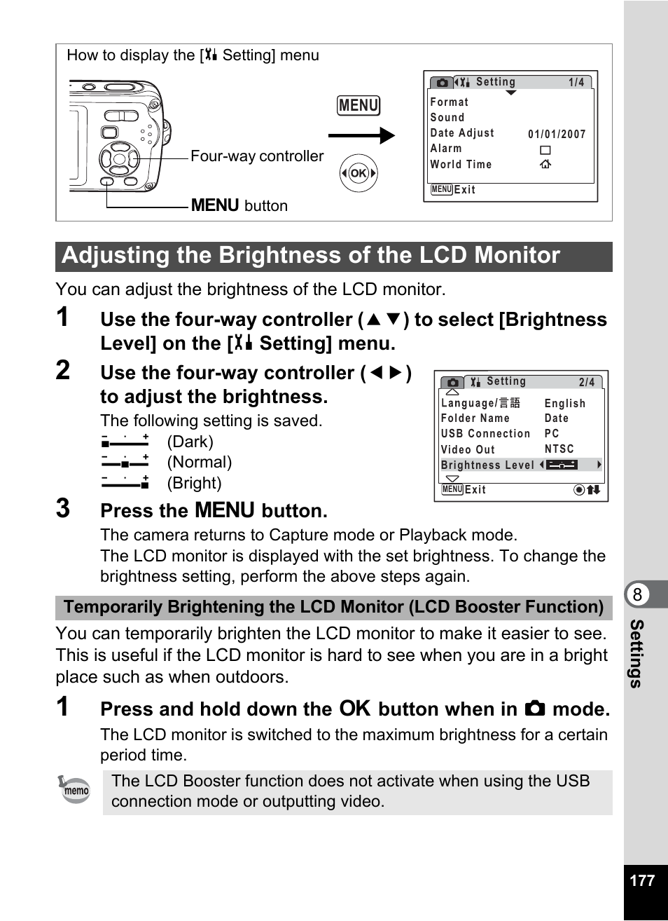 Adjusting the brightness of the lcd monitor, P.177, Rned off (p.177). ho | Press the 3 button, Press and hold down the 4 button when in a mode | Pentax Optio W30 User Manual | Page 179 / 212