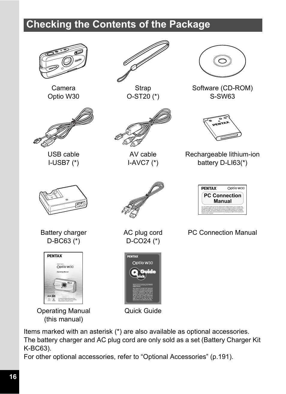 Checking the contents of the package | Pentax Optio W30 User Manual | Page 18 / 212