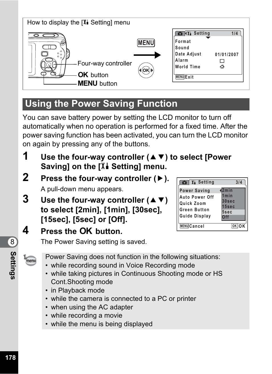 Using the power saving function, P.178, Off (p.178 | Press the four-way controller ( 5 ), Press the 4 button | Pentax Optio W30 User Manual | Page 180 / 212