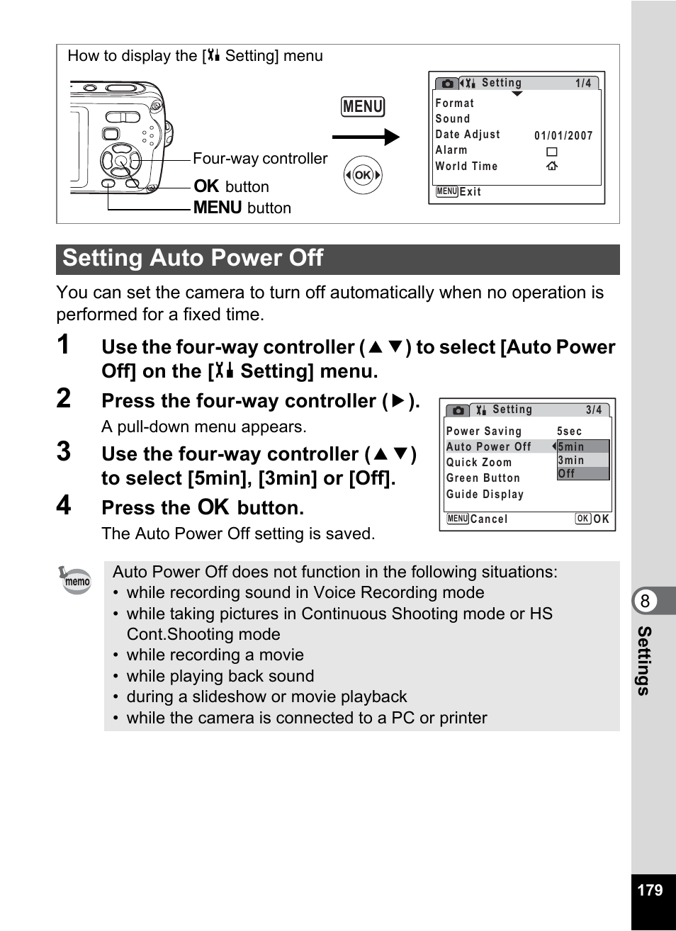 Setting auto power off, P.179, Press the four-way controller ( 5 ) | Press the 4 button | Pentax Optio W30 User Manual | Page 181 / 212