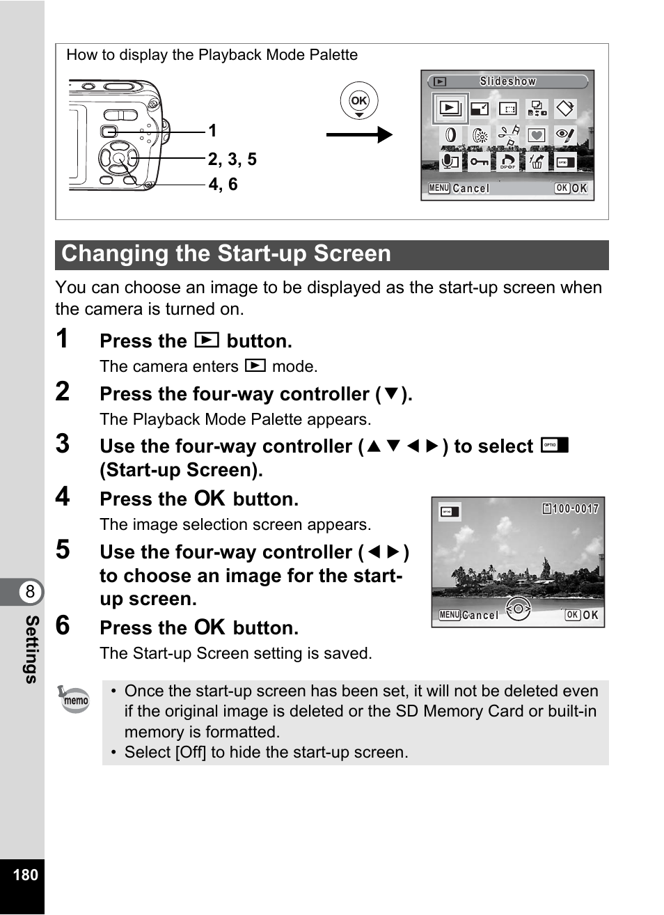 Changing the start-up screen, P.180, Press the q button | Press the four-way controller ( 3 ), Press the 4 button | Pentax Optio W30 User Manual | Page 182 / 212