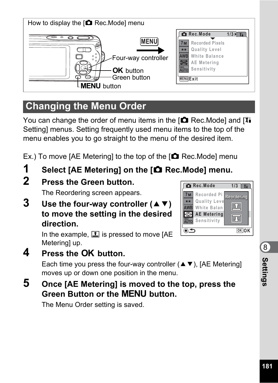 Changing the menu order, P.181), Select [ae metering] on the [ a rec.mode] menu | Press the green button, Press the 4 button | Pentax Optio W30 User Manual | Page 183 / 212