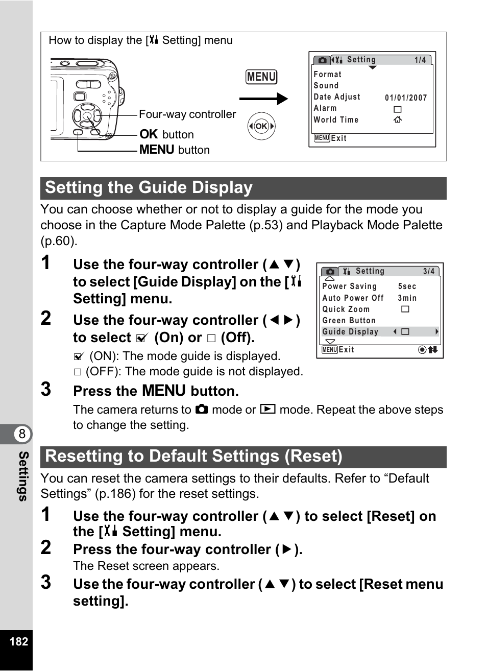 Setting the guide display, Resetting to default settings (reset), P.182 | P.182), Press the 3 button, Press the four-way controller ( 5 ) | Pentax Optio W30 User Manual | Page 184 / 212