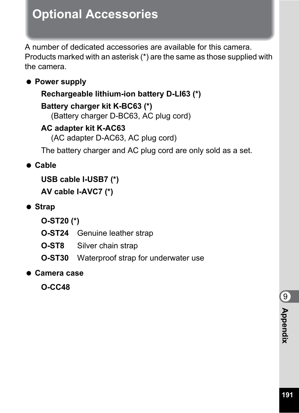 Optional accessories | Pentax Optio W30 User Manual | Page 193 / 212