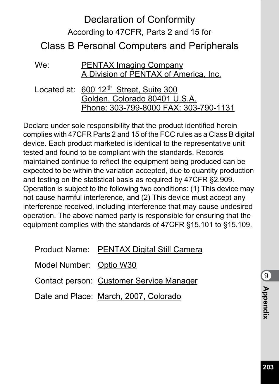 Declaration of conformity, Class b personal computers and peripherals | Pentax Optio W30 User Manual | Page 205 / 212