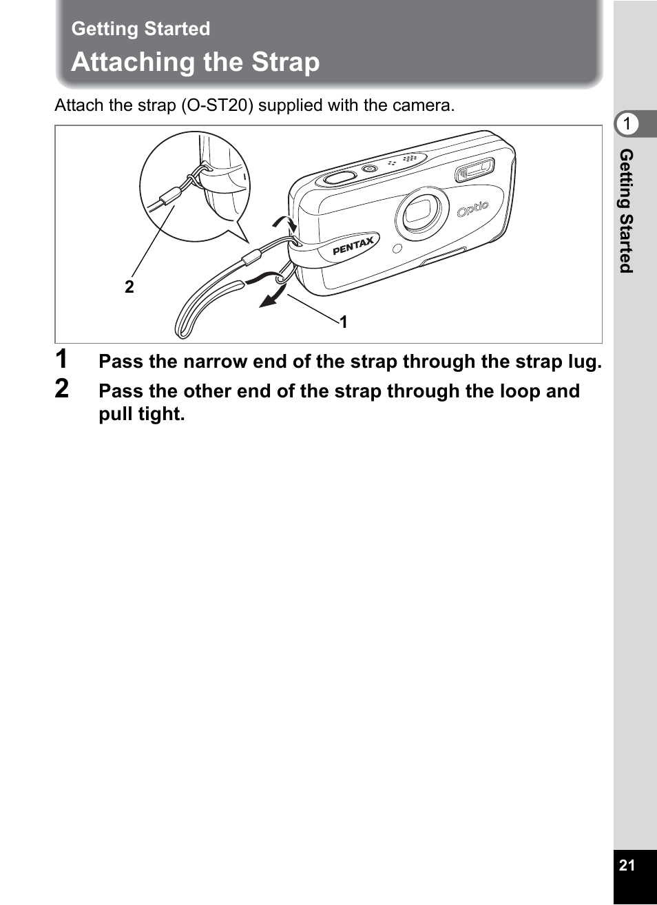 Getting started, Attaching the strap | Pentax Optio W30 User Manual | Page 23 / 212