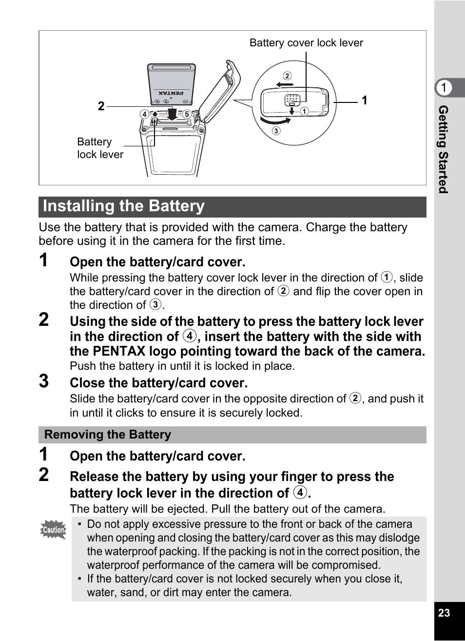 Installing the battery | Pentax Optio W30 User Manual | Page 25 / 212