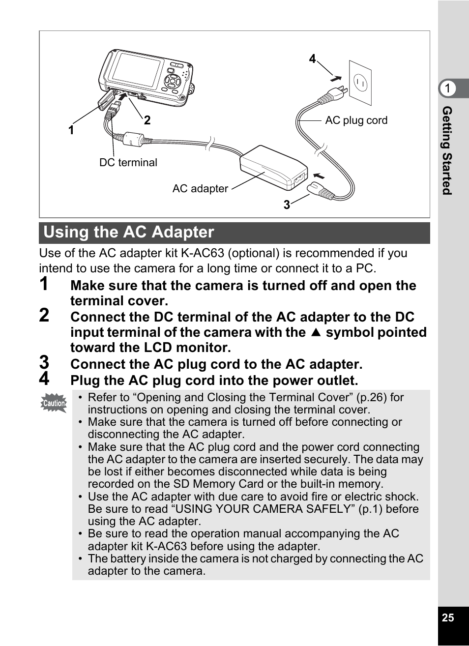 Using the ac adapter | Pentax Optio W30 User Manual | Page 27 / 212