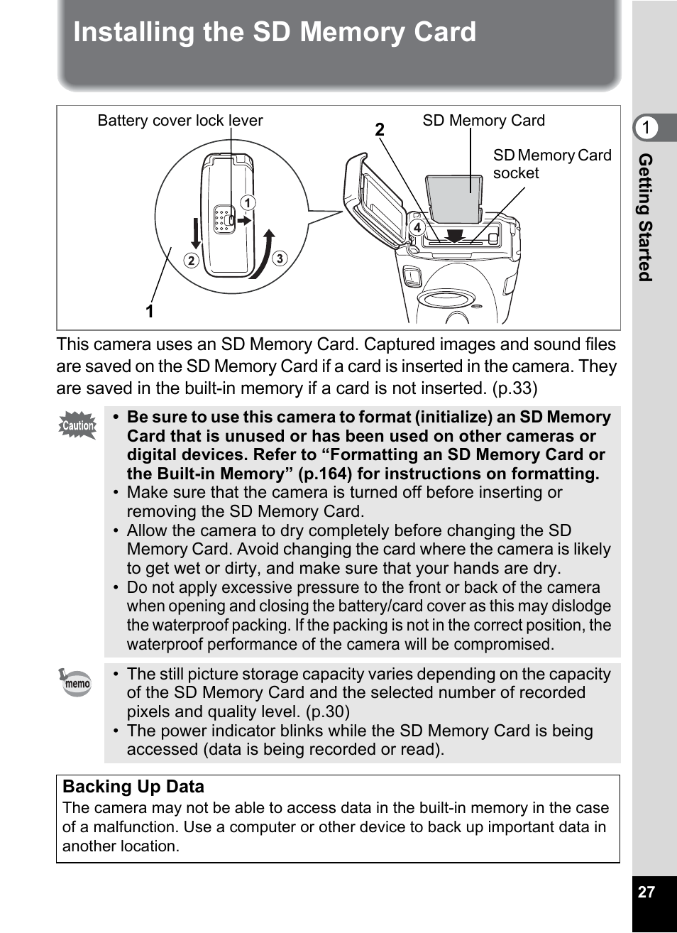 Installing the sd memory card | Pentax Optio W30 User Manual | Page 29 / 212