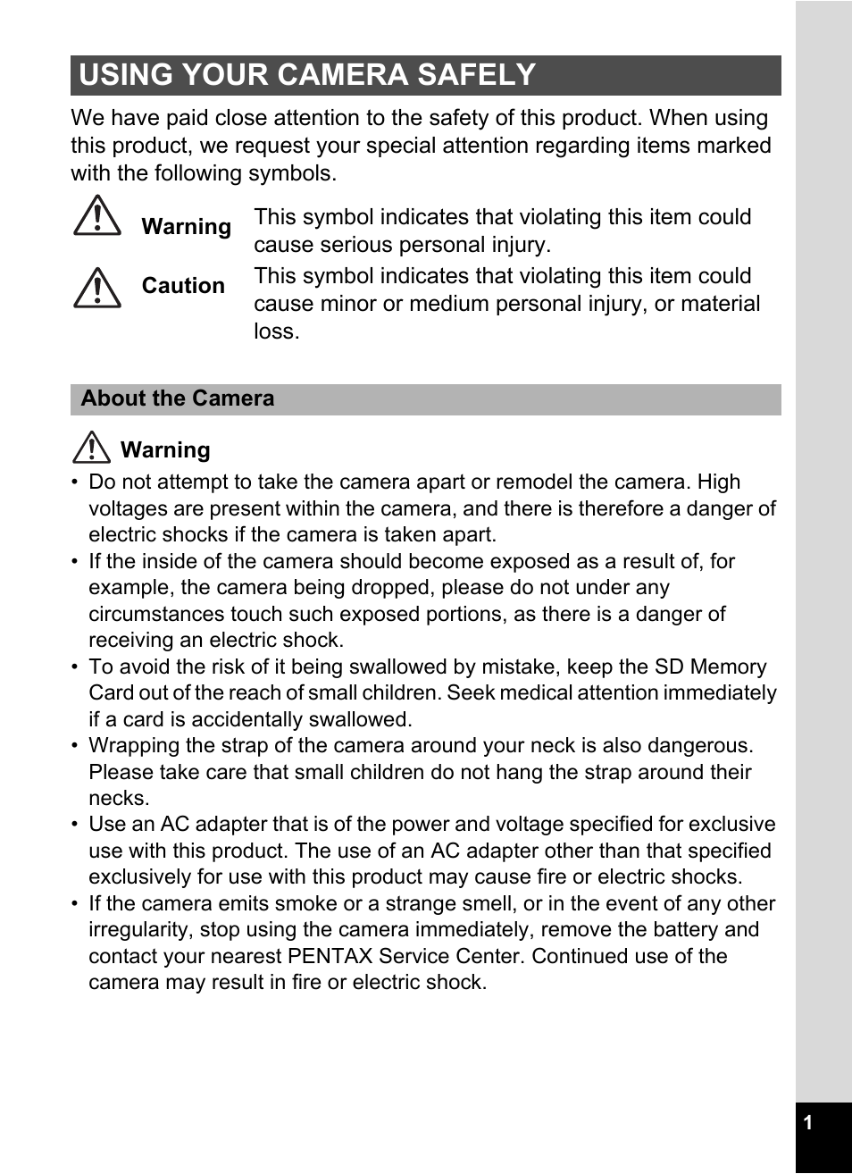 Using your camera safely | Pentax Optio W30 User Manual | Page 3 / 212