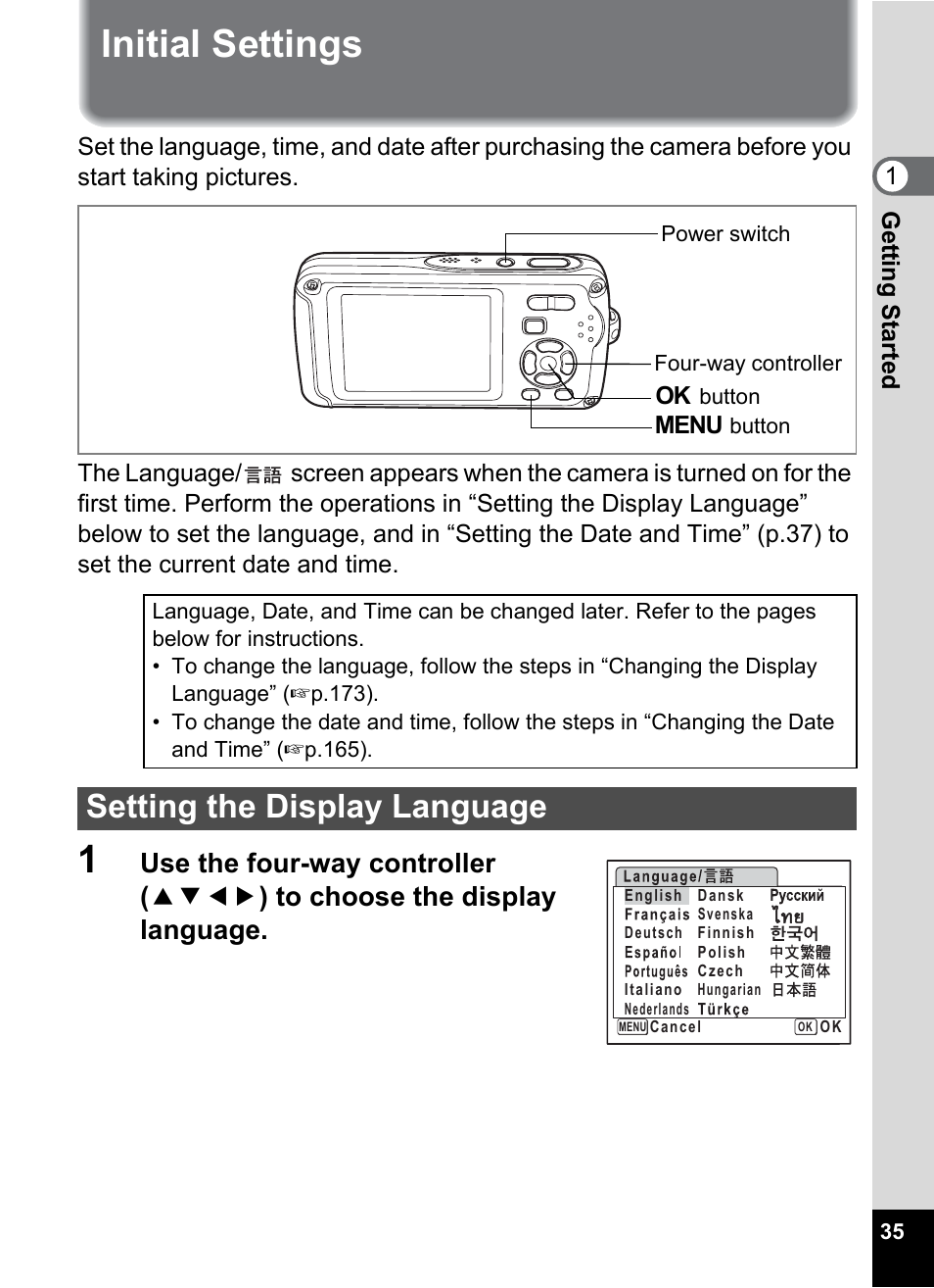 Initial settings, Setting the display language | Pentax Optio W30 User Manual | Page 37 / 212