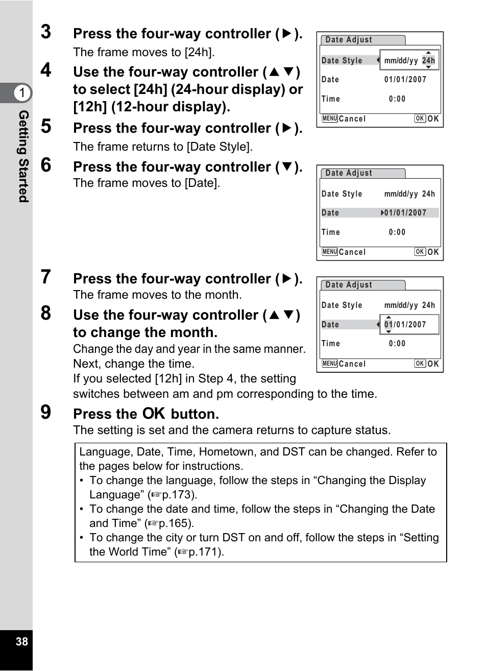 Press the four-way controller ( 5 ), Press the four-way controller ( 3 ), Press the 4 button | 1getting started | Pentax Optio W30 User Manual | Page 40 / 212