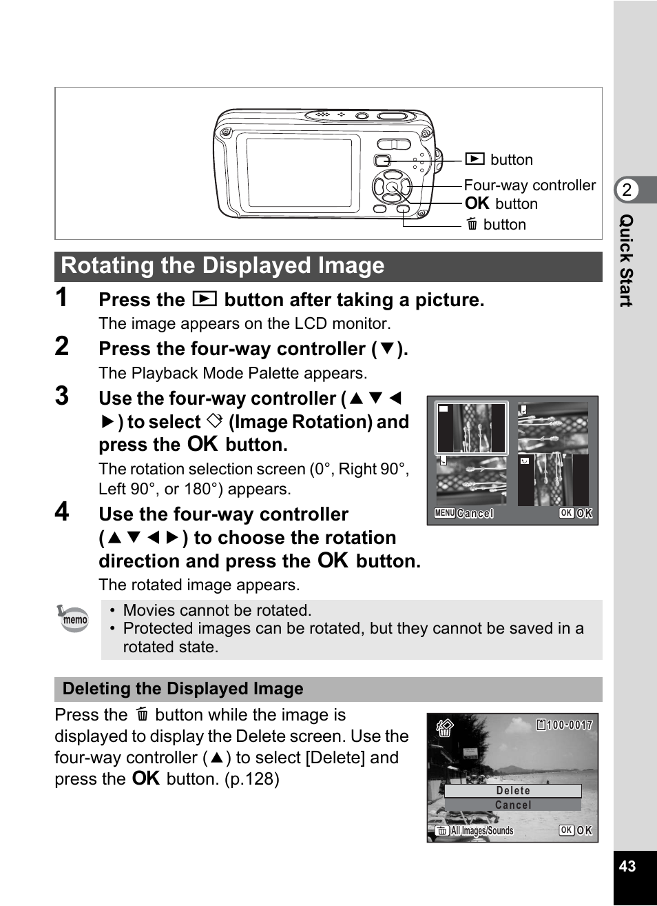 Rotating the displayed image, Press the q button after taking a picture, Press the four-way controller ( 3 ) | Pentax Optio W30 User Manual | Page 45 / 212