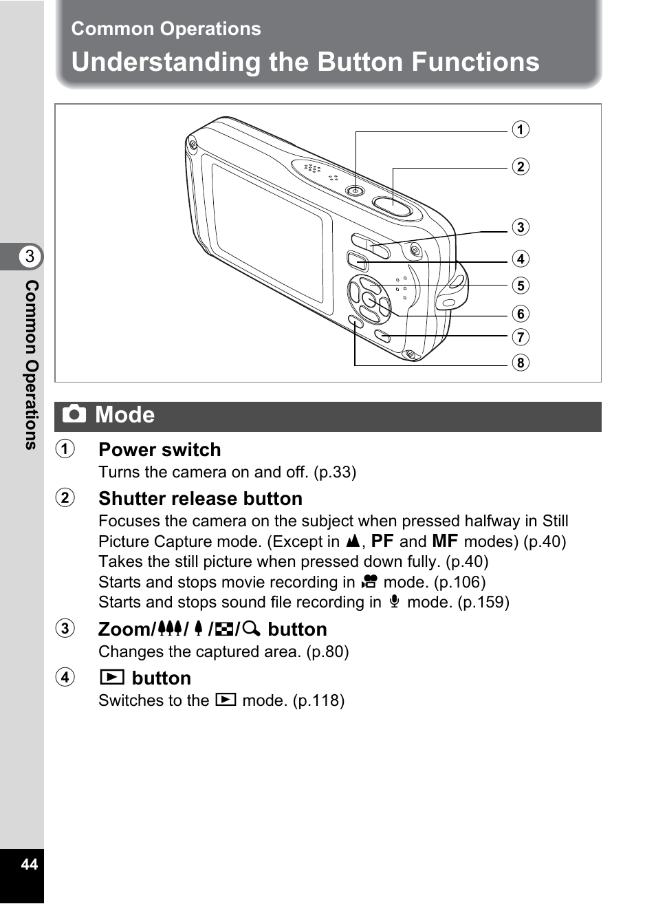 Common operations, Understanding the button functions, A mode | Mode, Amode | Pentax Optio W30 User Manual | Page 46 / 212