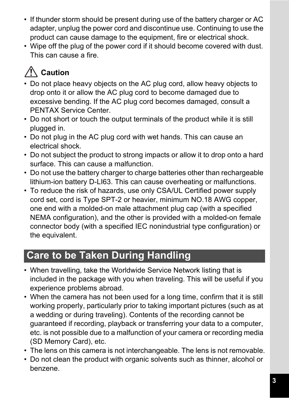 Care to be taken during handling | Pentax Optio W30 User Manual | Page 5 / 212