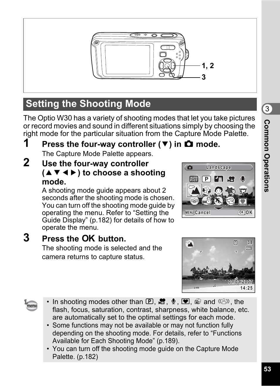 Setting the shooting mode, P.53), P.53 | P.53, p.60), De (p.53), Press the four-way controller ( 3 ) in a mode, Press the 4 button | Pentax Optio W30 User Manual | Page 55 / 212