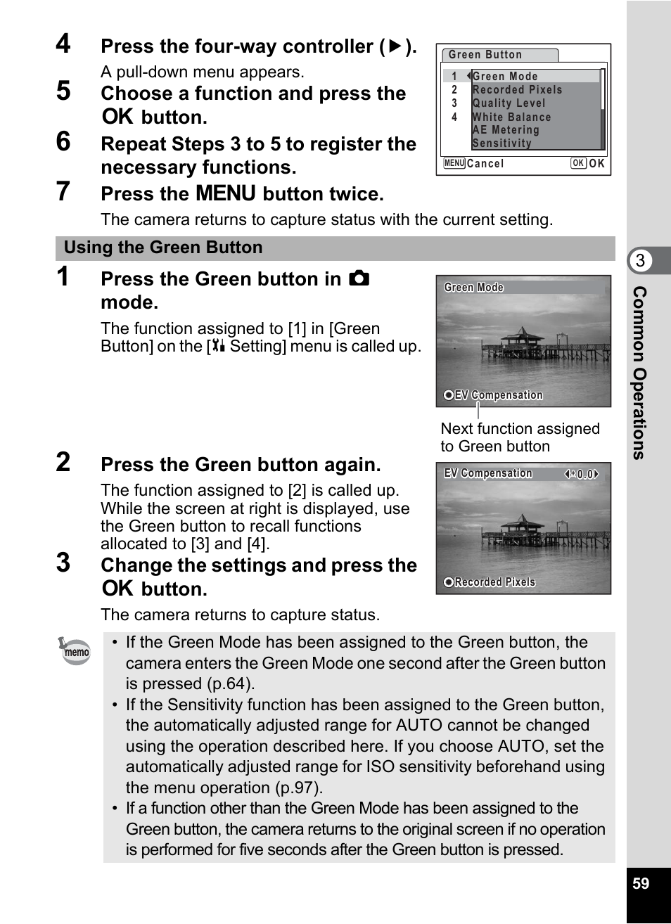 Press the four-way controller ( 5 ), Choose a function and press the 4 button, Press the 3 button twice | Press the green button in a mode, Press the green button again, Change the settings and press the 4 button | Pentax Optio W30 User Manual | Page 61 / 212