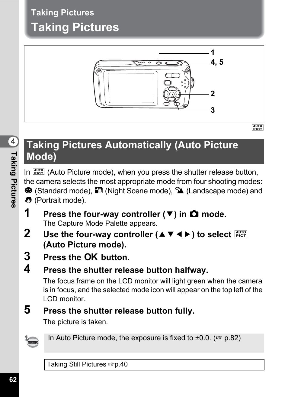 Taking pictures, Taking pictures automatically (auto picture mode) | Pentax Optio W30 User Manual | Page 64 / 212