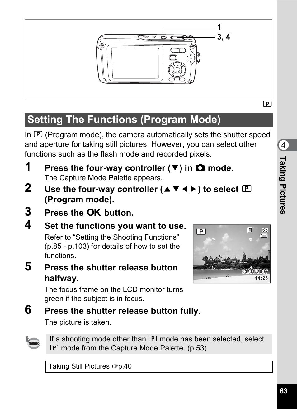 Setting the functions (program mode), P.63) | Pentax Optio W30 User Manual | Page 65 / 212