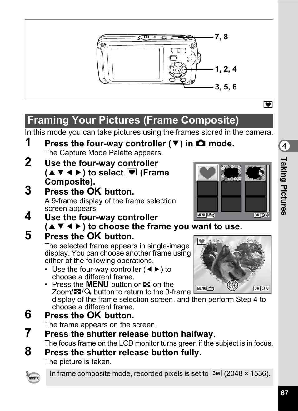 Framing your pictures (frame composite) | Pentax Optio W30 User Manual | Page 69 / 212