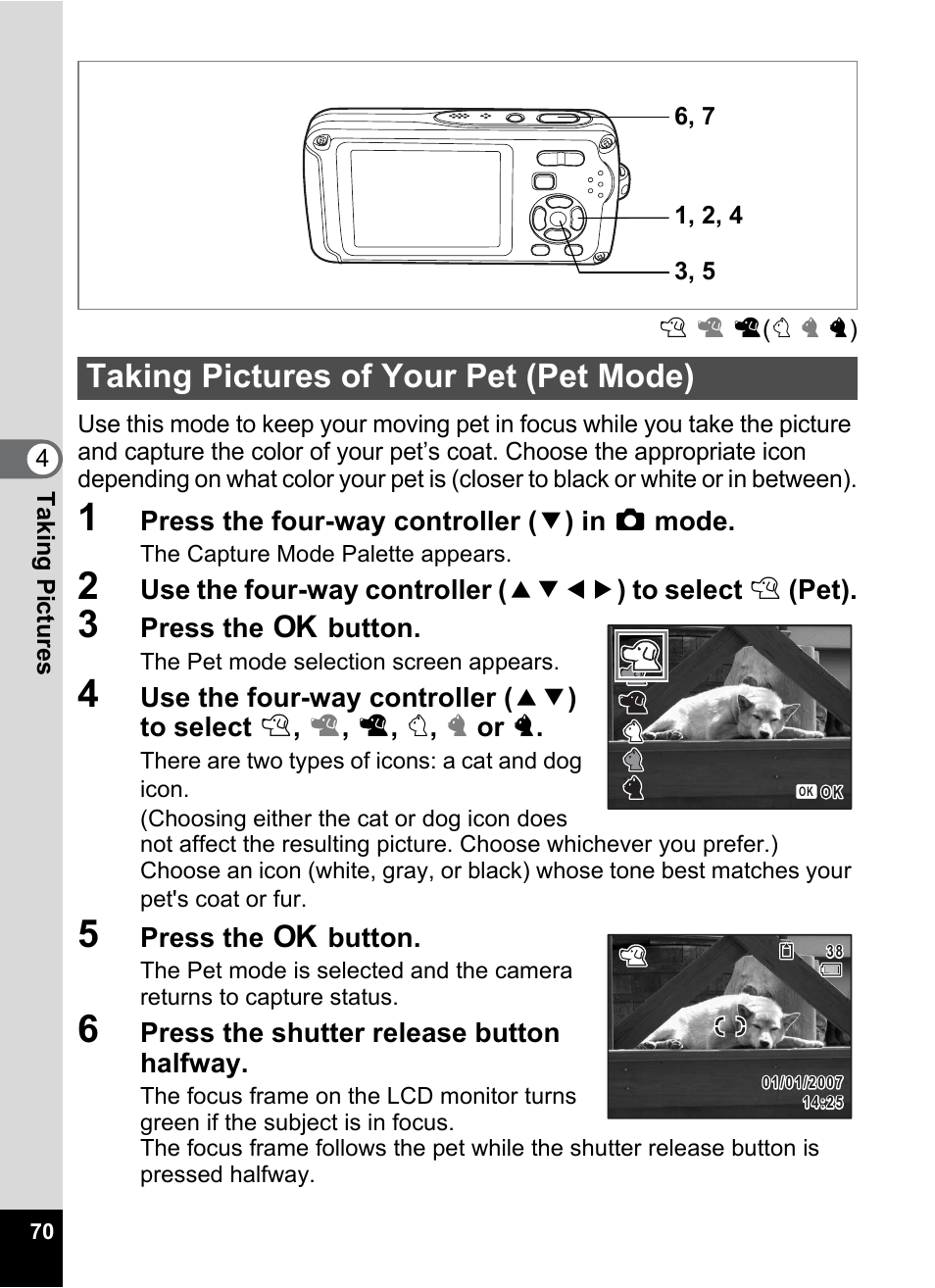 Taking pictures of your pet (pet mode) | Pentax Optio W30 User Manual | Page 72 / 212