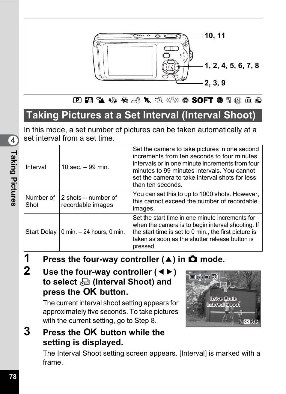 Taking pictures at a set interval (interval shoot), P.78, Press the four-way controller ( 2 ) in a mode | Press the 4 button while the setting is displayed | Pentax Optio W30 User Manual | Page 80 / 212