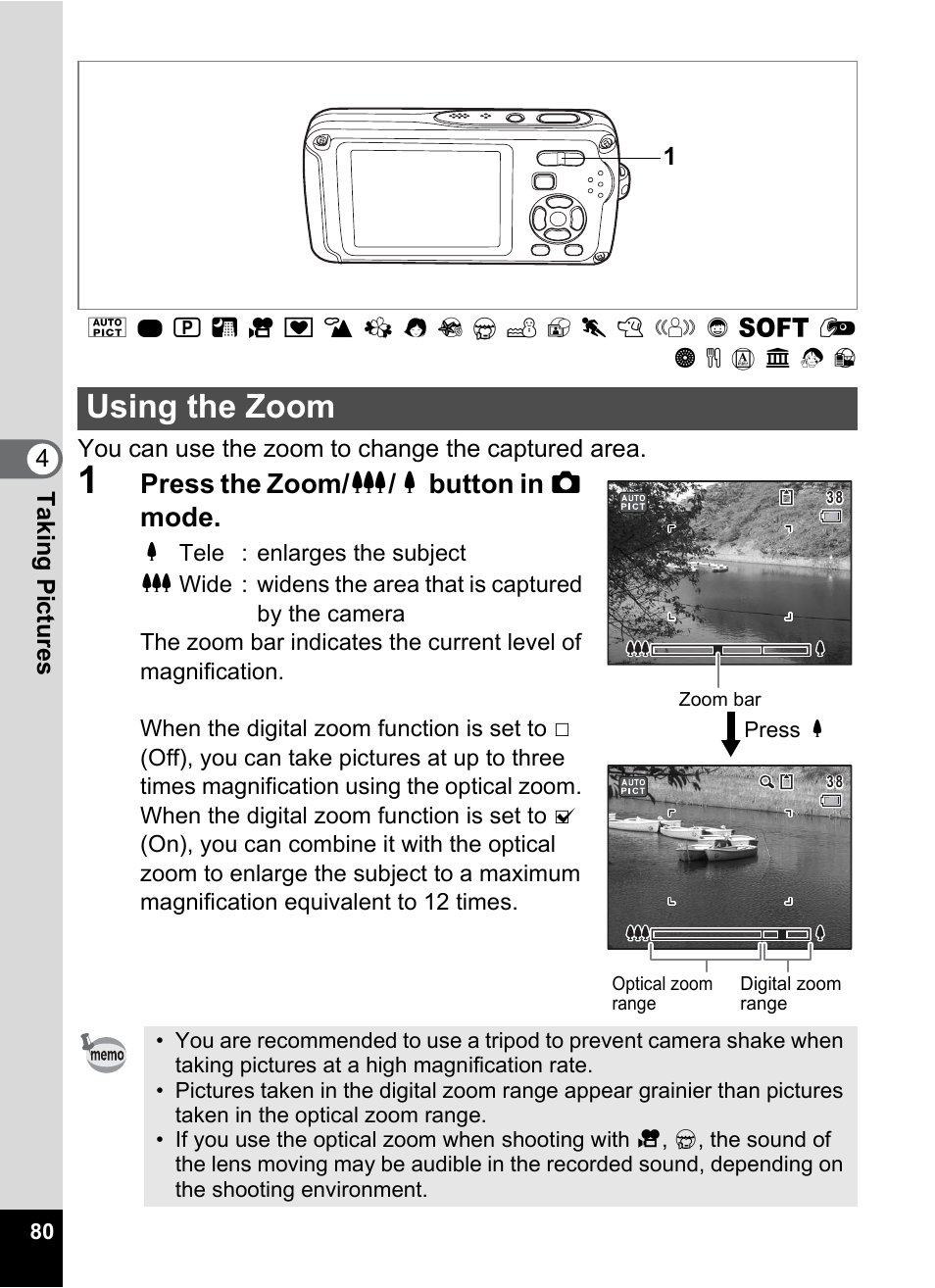 Using the zoom, On (p.80), P.80 | Press the zoom/ w / x button in a mode | Pentax Optio W30 User Manual | Page 82 / 212