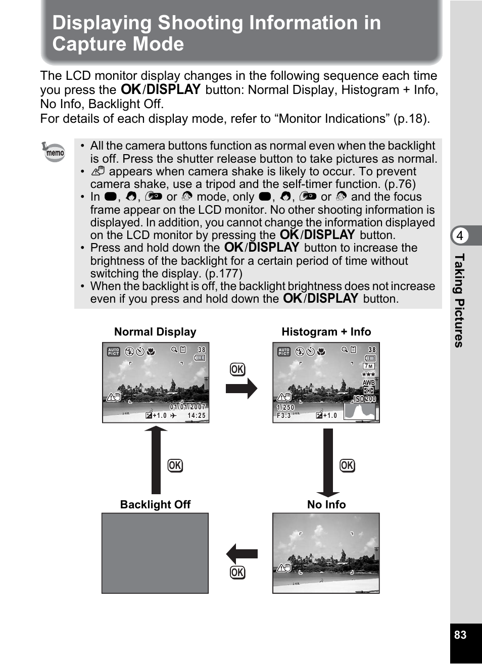 Displaying shooting information in capture mode, On (p.83), P.83 | 4t aking pictu res | Pentax Optio W30 User Manual | Page 85 / 212