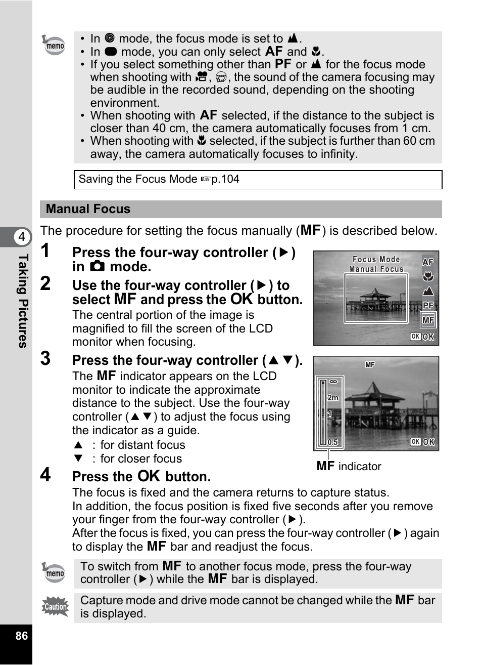 P.86), Press the four-way controller ( 5 ) in a mode, Press the four-way controller ( 23 ) | Press the 4 button | Pentax Optio W30 User Manual | Page 88 / 212