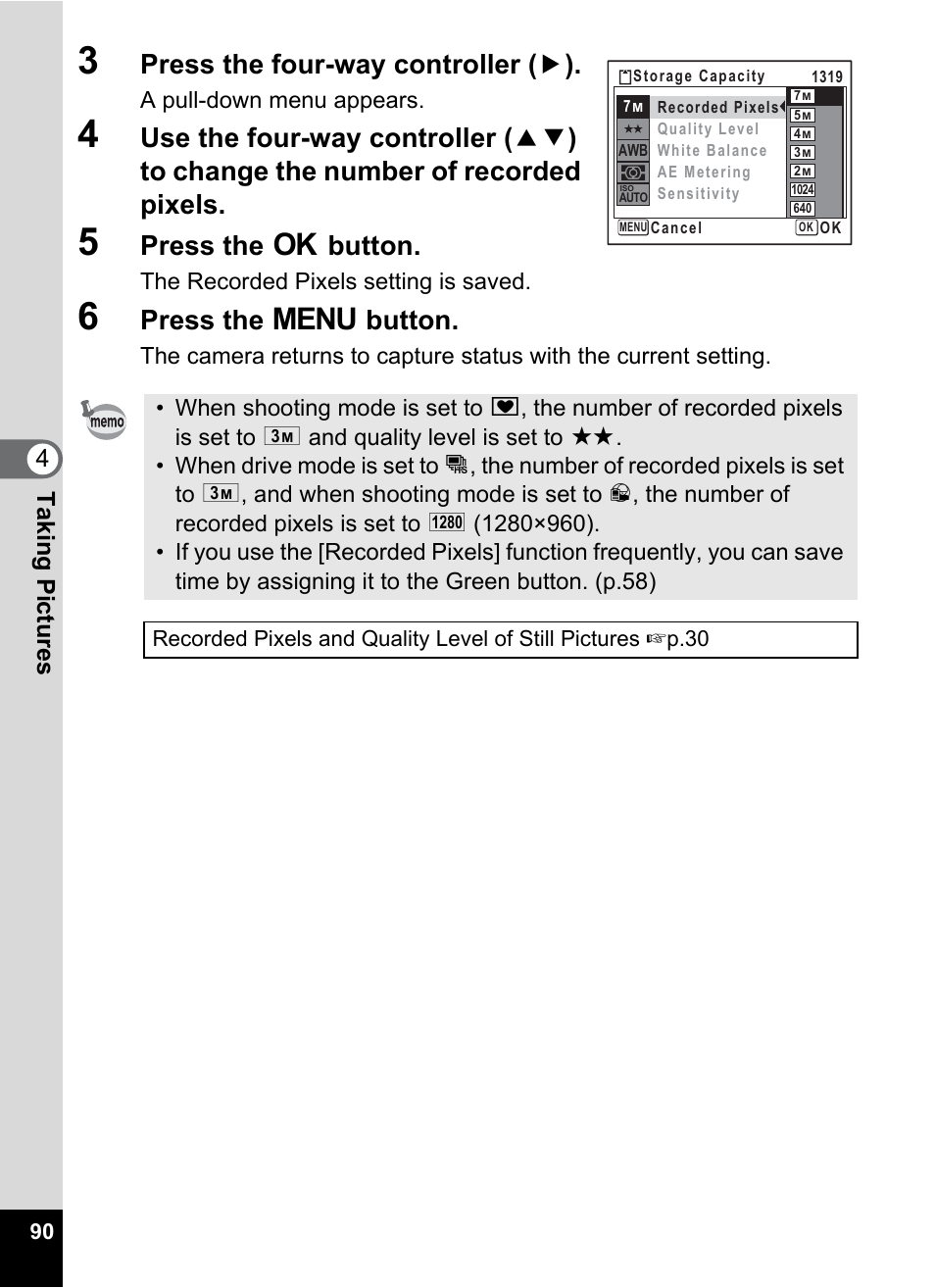 Press the four-way controller ( 5 ), Press the 4 button, Press the 3 button | 4t aking pictu res | Pentax Optio W30 User Manual | Page 92 / 212