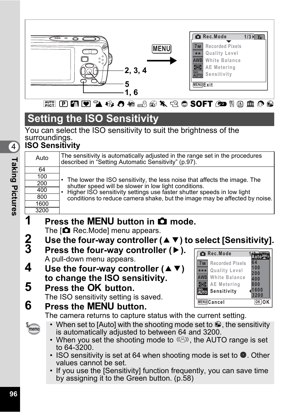 Setting the iso sensitivity, Y (p.96), P.96 | Press the 3 button in a mode, Press the four-way controller ( 5 ), Press the 4 button, Press the 3 button | Pentax Optio W30 User Manual | Page 98 / 212